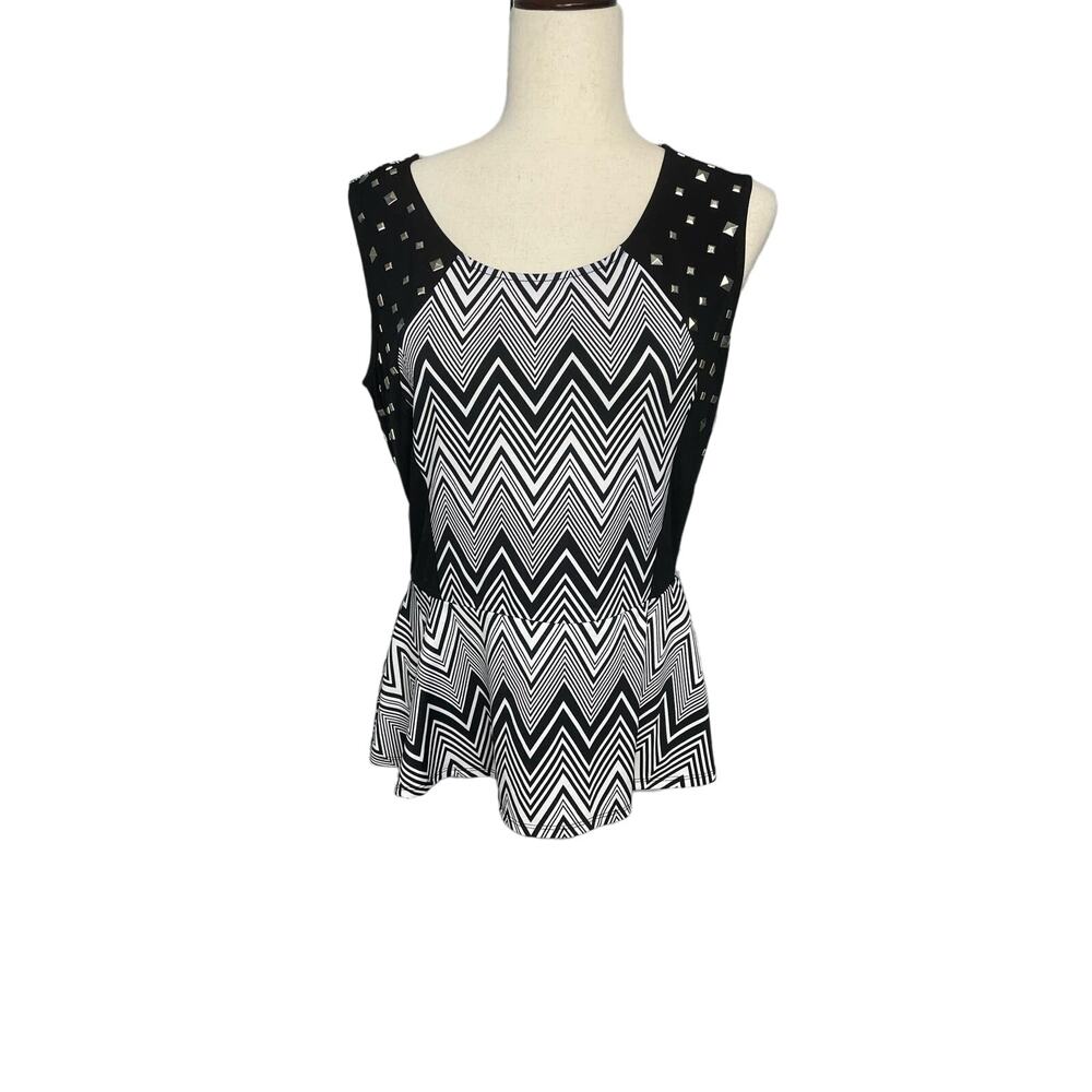 NY collection black white silver stud sleeveless peplum blouse shirt women's M